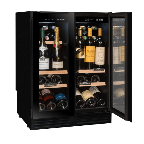 Avintage 600mm 47 Bottle Dual Zone Undercounter Wine Cooler AVU49DPB1 Turned and Half Open