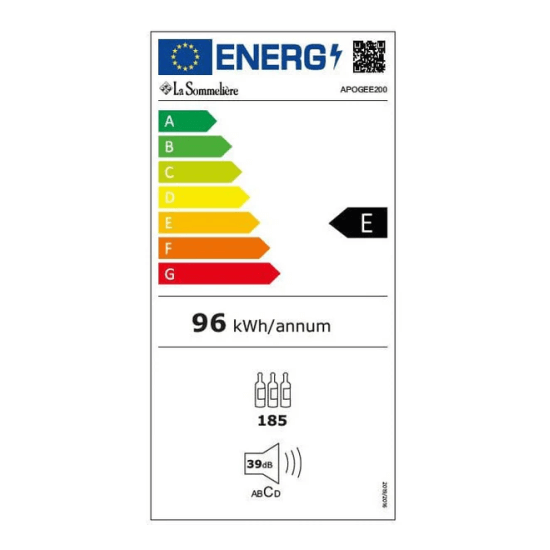 La Sommeliere 185 Bottle Single Zone Freestanding Wine Cabinet APOGEE200 Energy Label