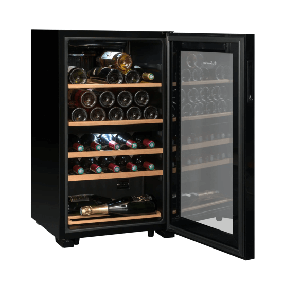 La Sommeliere 32 Bottle Dual Zone Freestanding Wine Cooler - SLS32DZBLACK Turned and Fully Open