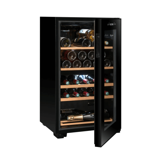 La Sommeliere 32 Bottle Dual Zone Freestanding Wine Cooler - SLS32DZBLACK Turned and Half Open