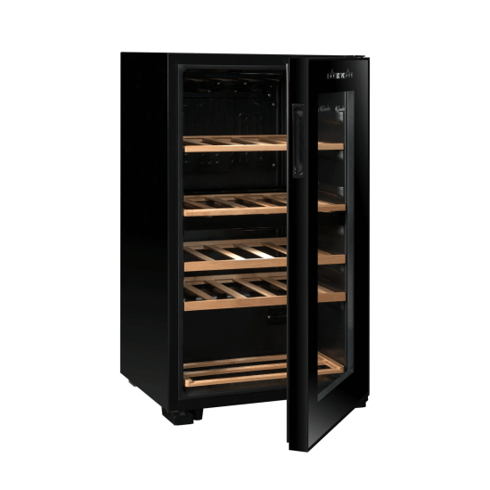 La Sommeliere 32 Bottle Dual Zone Freestanding Wine Cooler - SLS32DZBLACK Half Open, Empty and Turned