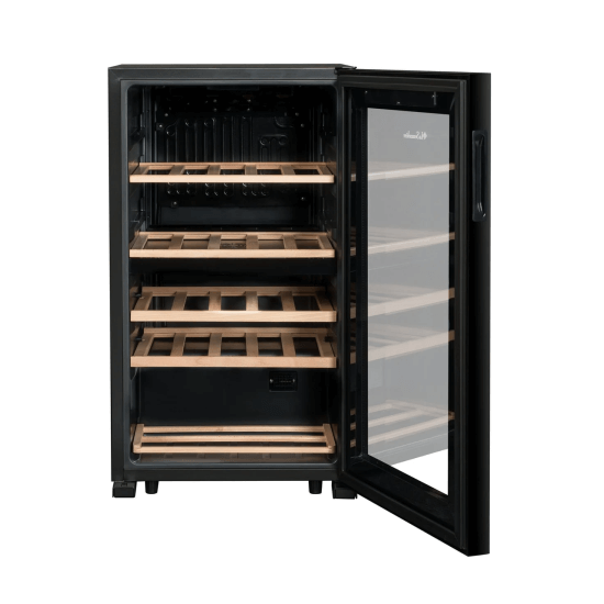 La Sommeliere 32 Bottle Dual Zone Freestanding Wine Cooler - SLS32DZBLACK Front View, Open and Empty