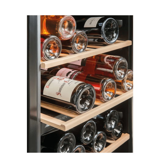 La Sommeliere 50 Bottle Dual Zone Freestanding Wine Fridge - LS51.2ZBLACK Close Up Shelving